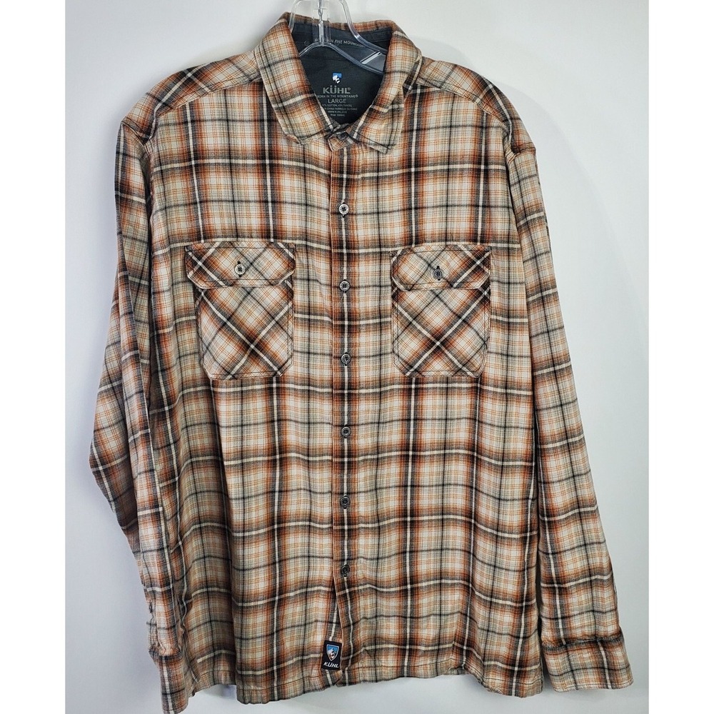 Kuhl Shirt Mens Large Brown Black Orange Plaid Long Sleeve Outdoor Hiking Casual